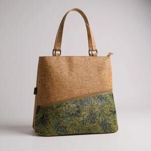 Natural Cork Shoulder Tote Bag With Tropical Leaf Print & Zipper Pockets
